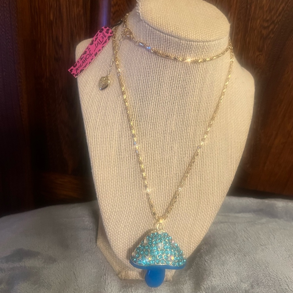 Betsey Johnson Blue Mushroom, Rhinestone, Gold Tone Adjustable Necklace, new/tag